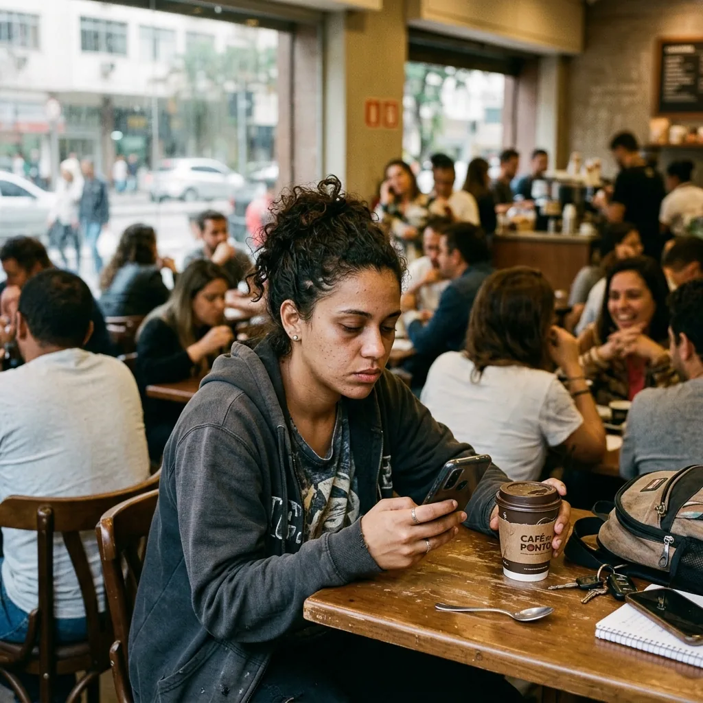 Cafeteria urbana lotada com fila de pessoas no ambiente cinzento da cidade